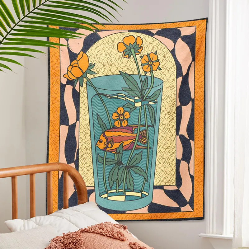 Tapisserier Vintage Inspired Tapestry Wall Hanging Psychedelic Vase Goldfish Flower Decor Minimalist Print Bohemian Art Mural 230531