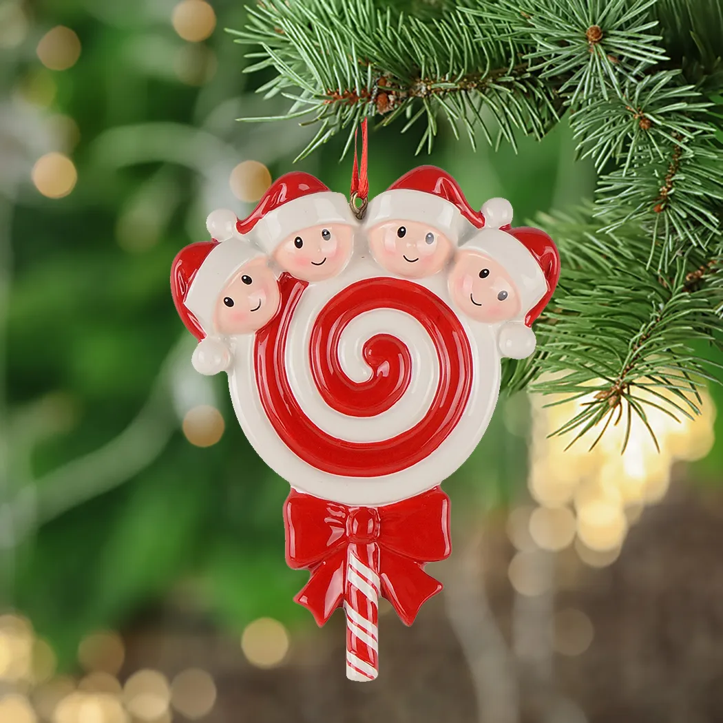 Семейство Lollipop из 4 смолы подвесные рождественские украшения с глянцевым детским лицом в качестве сувенира ремесла для персонализированных подарков или домашнего декора
