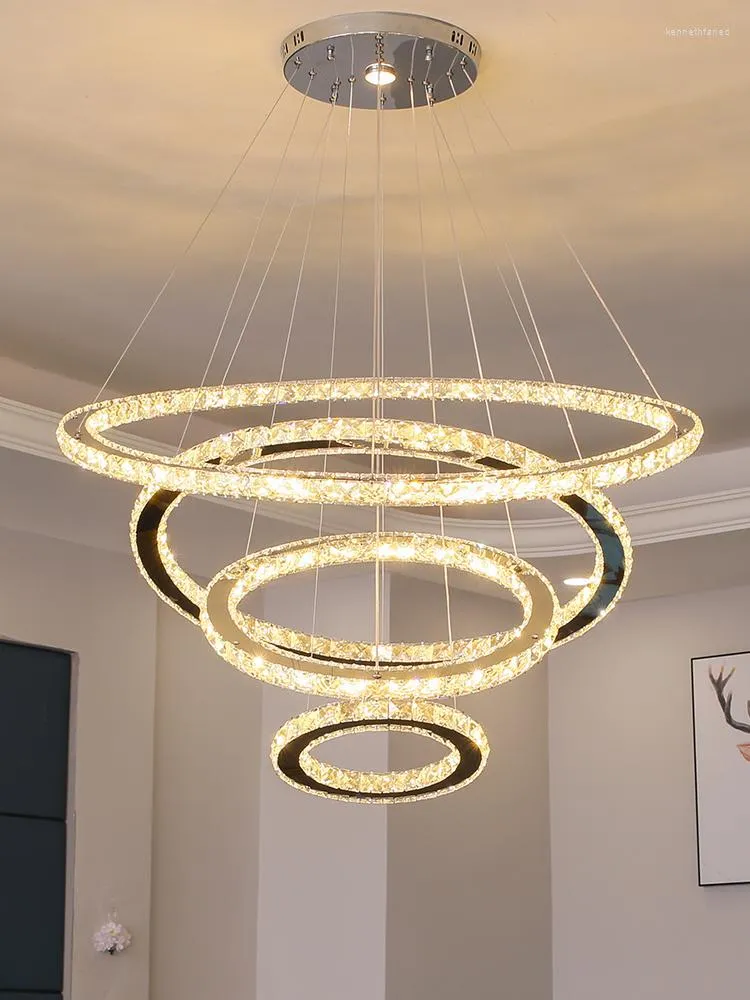 Lampes suspendues Luxe Salon Lustre En Cristal Moderne LED Argent Éclairage Multi Anneau Escalier Chambre Principale Salle À Manger Lumière