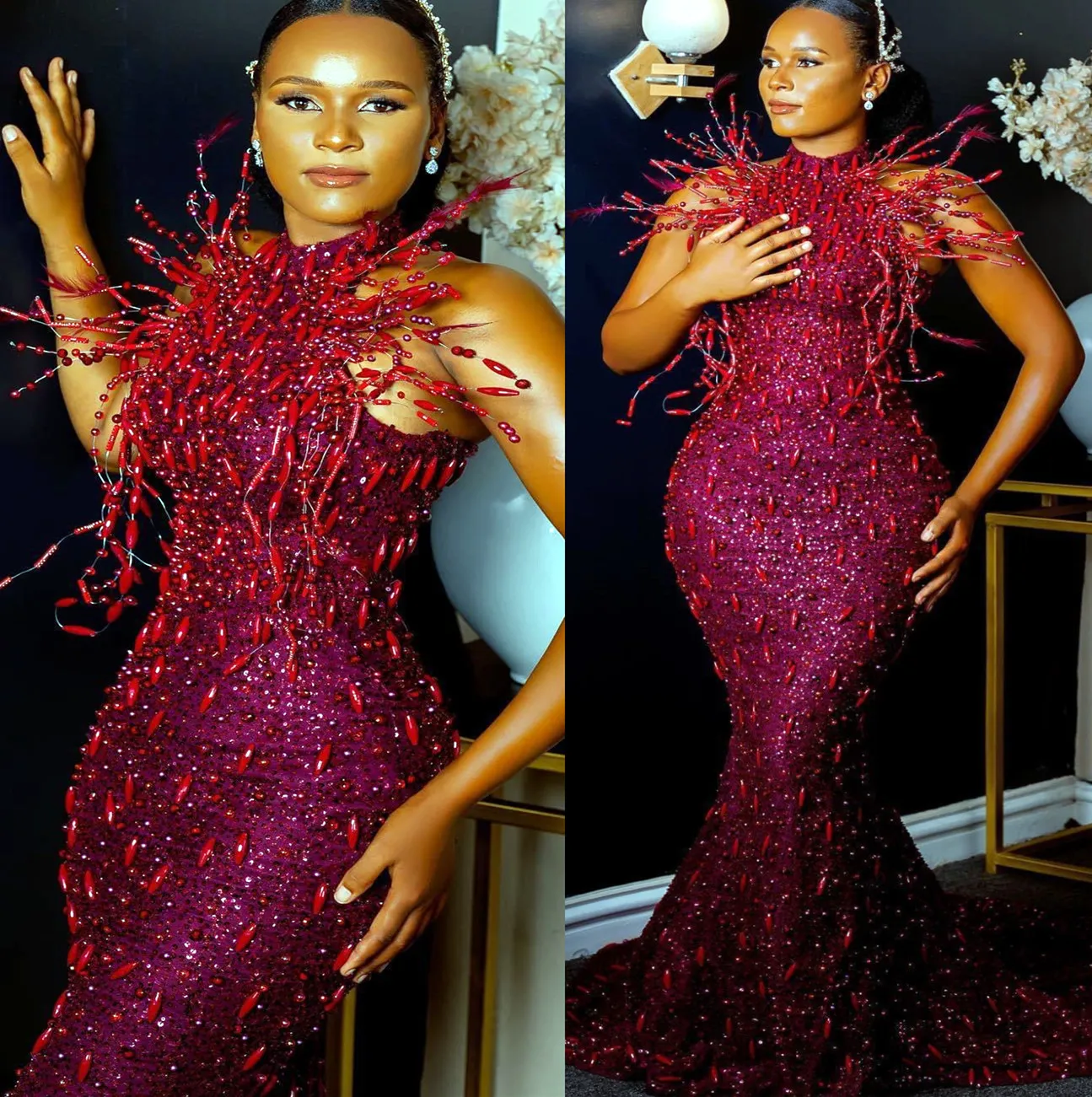 2023 Maj Aso Ebi Bourgogne Mermaid Prom Dress Beaded Crystals Sexig Evening Formal Party Second Reception Birthday Engagement klänningar Klänningar Robe de Soiree ZJ354