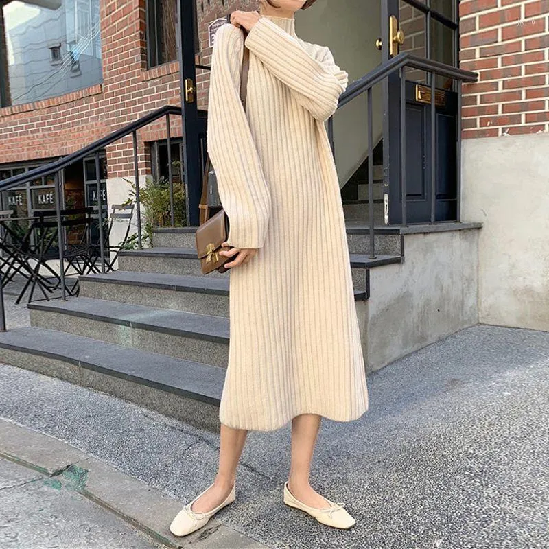 Casual Dresses Dress Female 2023 Autumn And Winter Half-high Neck Loose Vertical Bottom Straight Tube Knee-length Knitted Sweater