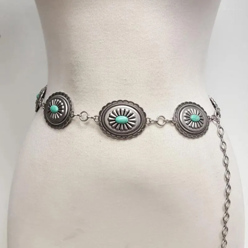 Women Turquoise Concho Chain Belt Western Cowgirl Waist Chain Oval Metal Link Amazon.com: Tarpop Blue Western Metal Concho Belt for Women  main image 2