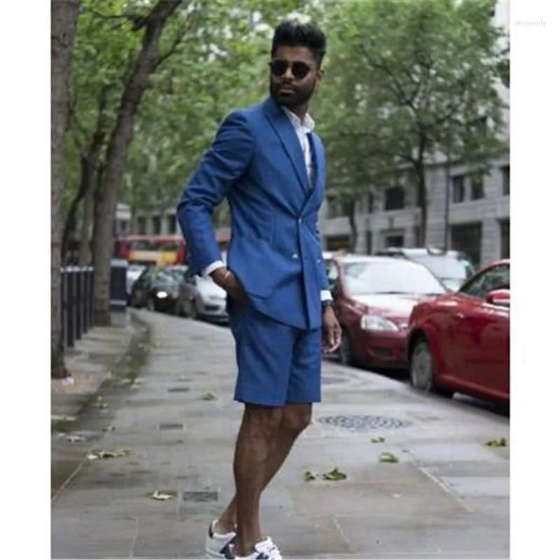 Ternos masculinos estilo verão conjuntos masculinos casuais com calças curtas 2 peças (gravata de jaqueta) casaco mais recente blazer azul roupas de casamento com seios duplos