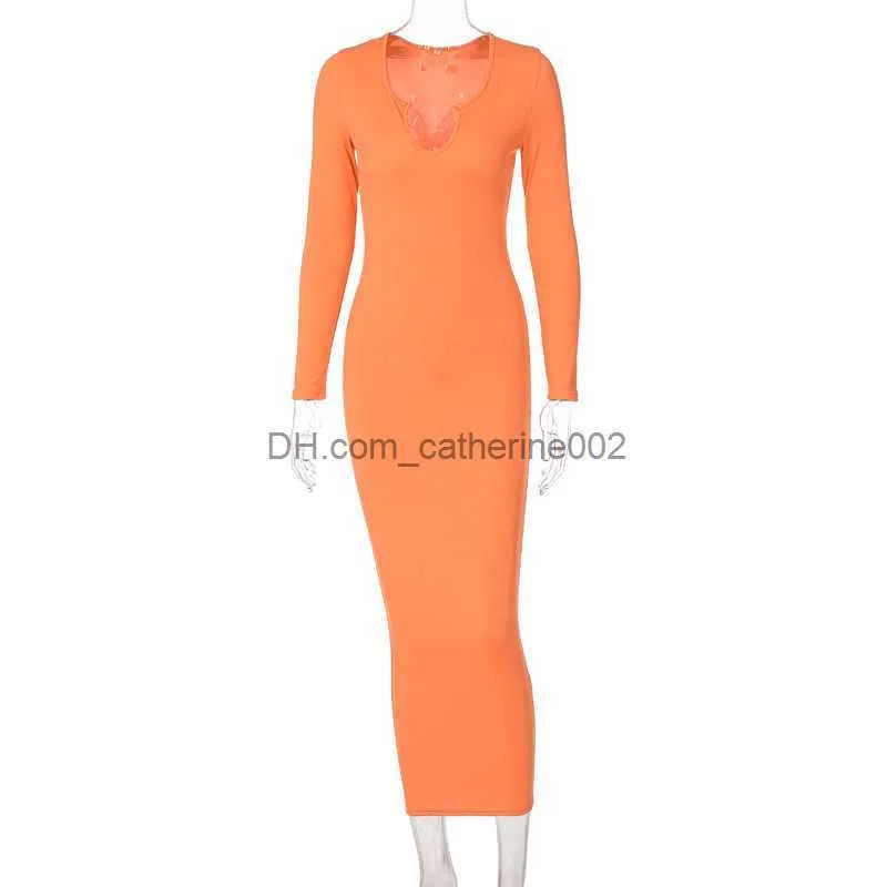 PYAEAS Women's Long Sleeve Bodycon Maxi Dress - Ribbed Knit, Deep U Neck, Size Small (Orange)