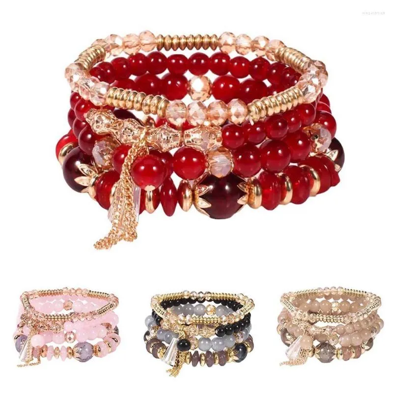 Strand 4Pcs/Set Boho Faux Pearl Tassel Chain Charm Beaded Bracelet Women Jewelry