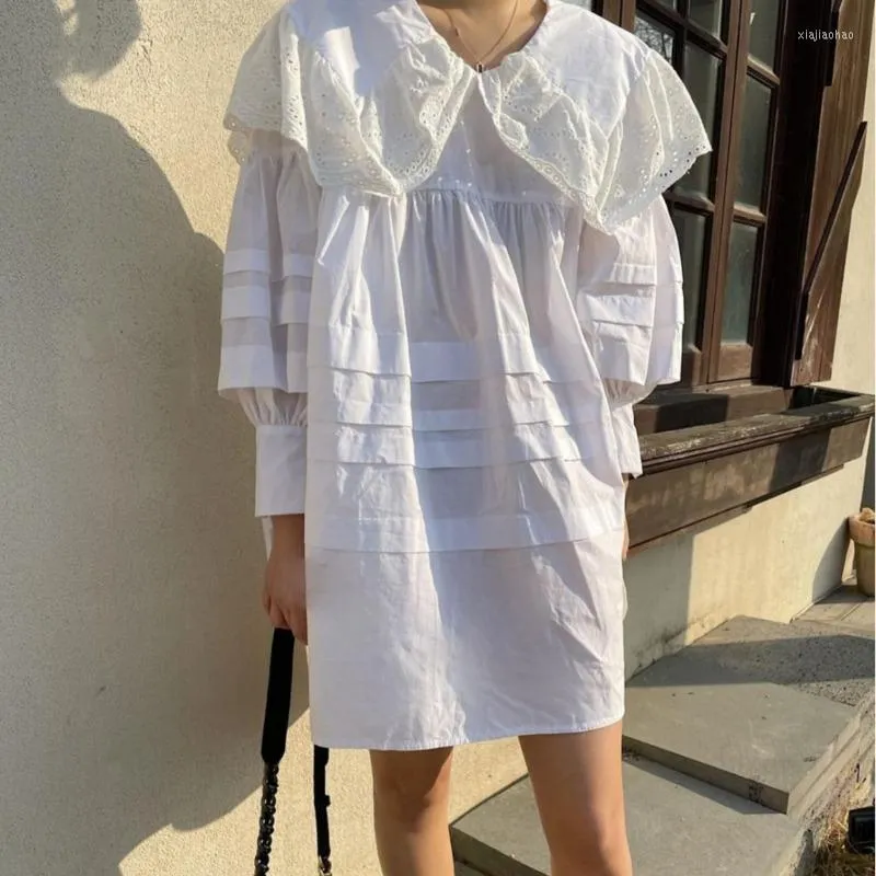 Casual Kleider 2023 Sommer Koreanischen Stil Spitze Lose Hemd Kleid Frauen Kleidung Weiß Einfache Mode Langarm