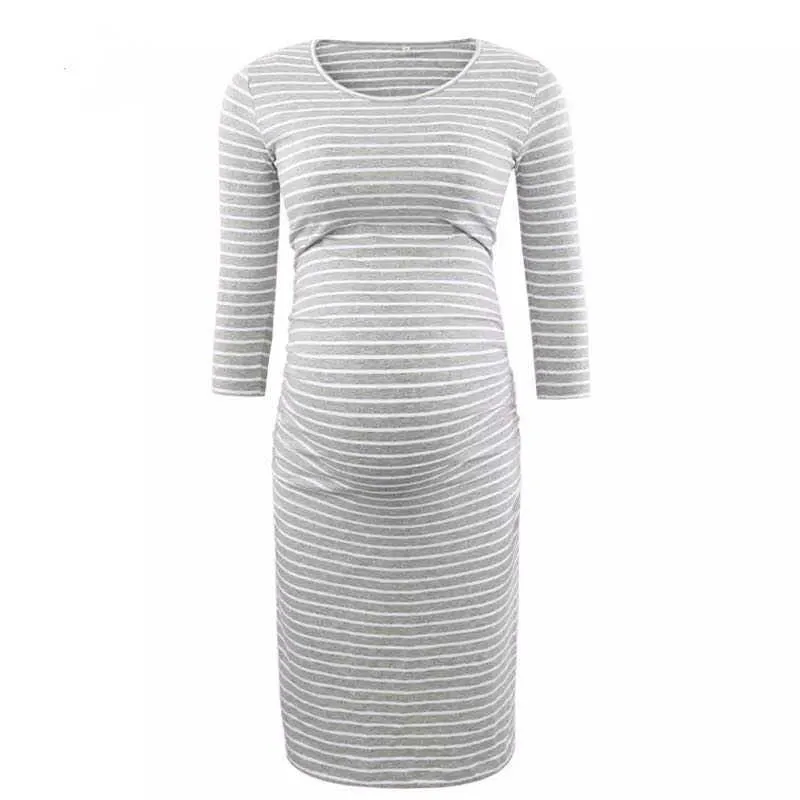 Maternity Dresses Ruffled O-Neck Stripe Half Sleeve Casual Packaging Summer Spring Pregnant Women's Dress G220602