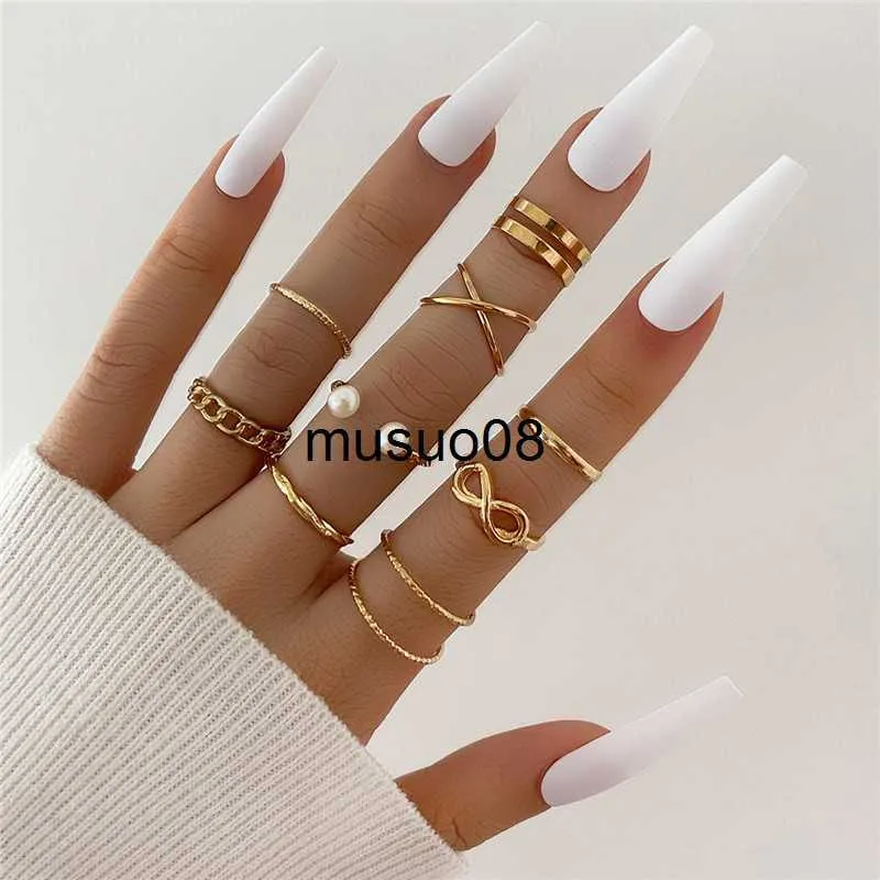 Bandringar Letapi 9 PCS/Set Rings Set Punk Vintage Gold Color Pearl Hollow Geometric Cross Open Ring For Women Böhmen Jewelry J230602