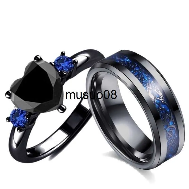 Band ringar charm par ringer män rostfritt stål keltiskt drake ring svart zirkon kvinnors bröllop band ringar set Alla hjärtans dag smycken J230602