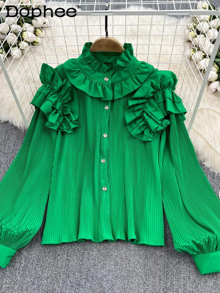 Womens Court Style Chiffon Frill Collar Blouse With Stand Collar, Ruffles,  And Pleated Puff Sleeves Loose Fit, Slimming, Solid Color For Spring From  Covde, $23.72