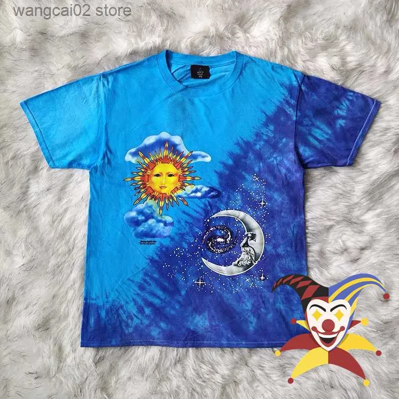 Erkek Tişörtler 2022ss Tie Boya Mavi T-Shirts Erkek Kadın En Kalite Vintage Güneş Ay Baskı Üst Tees T Shirt T230602