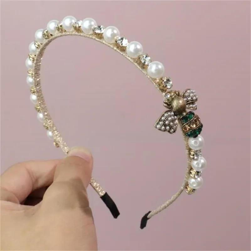 Kids Girl Headband Pearl Crystal Bee Hair Accessories For Women Handmade Beaded Designer Hairbands Bow Hoop Head Bands