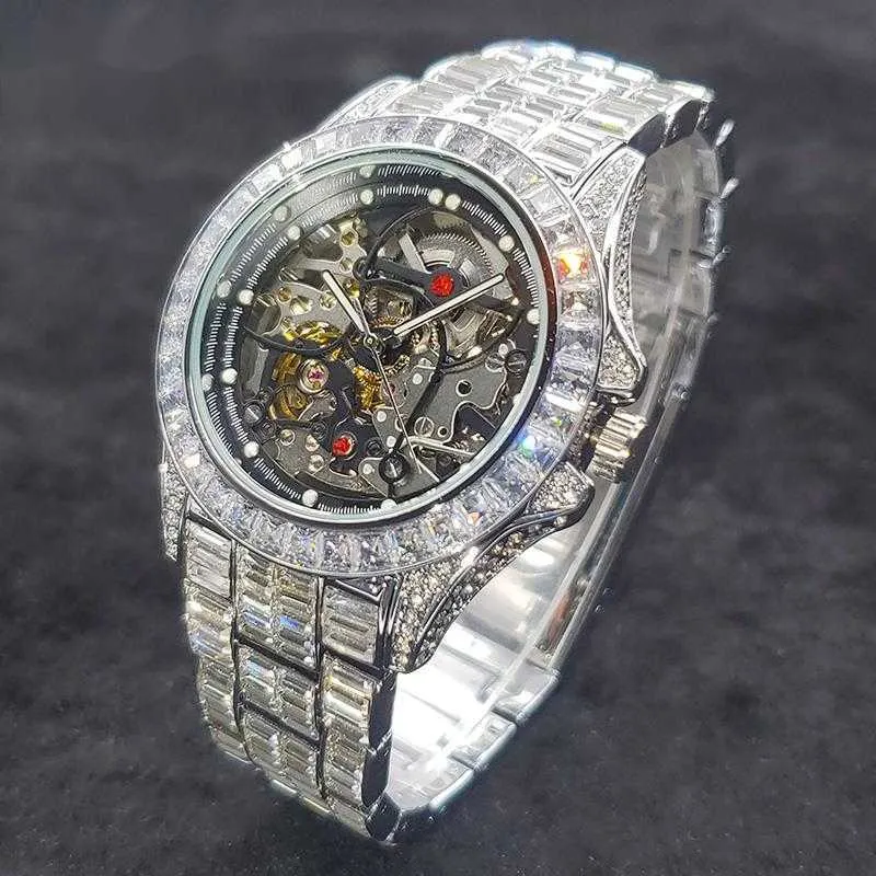 Zegarki na rękę Puste zegarki mechaniczne Mężczyźni High End Hip Hop Diamond Auto zegarek luksusowy lód lodowe lśniące wodoodporne Relogio Masculino Dropshipping 230602
