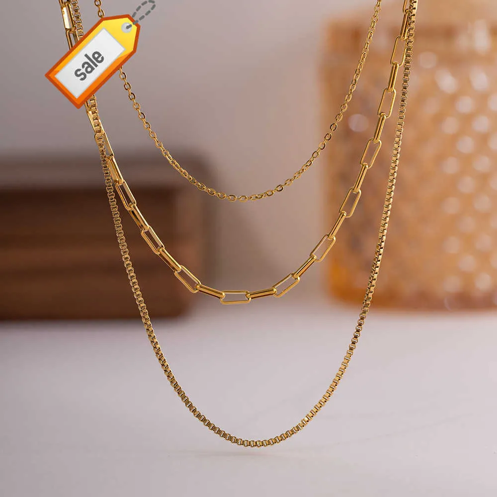 MICCI Hurtowy Ins Vintage Style 18K Gold Paper Clip Clin Warstwowy naszyjnik Stal nierdzewna Łańcuch Trzy warstwowy naszyjnik