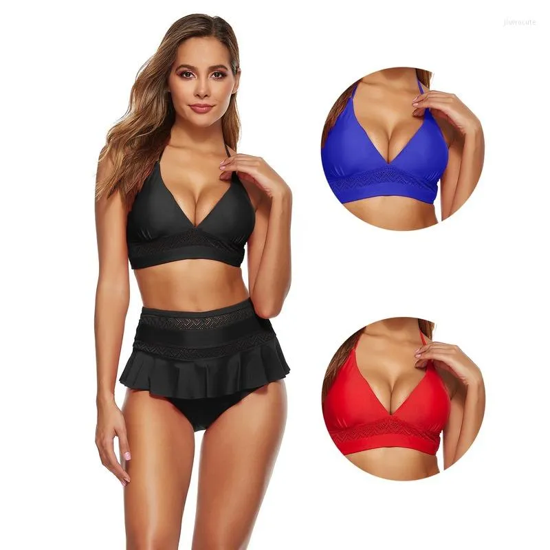 Kvinnors badkläder 2023 Sexig V Neck Bikini Set for Women High midje mesh ruffle baddräkt 2st kvinnliga rygglösa bikinis sommarstrandbadning