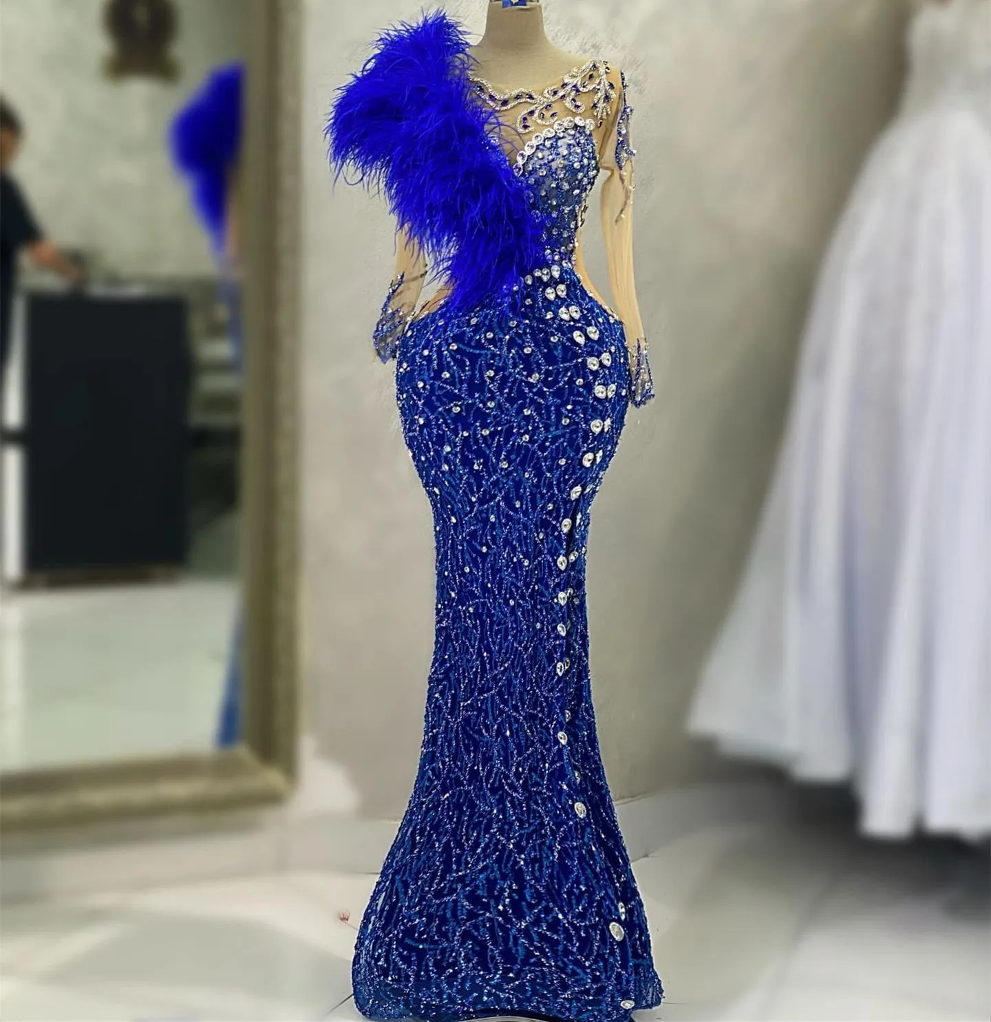 2023 May Aso Ebi Royal Blue Vestido de fiesta Plumas con cuentas Cristales Noche Fiesta formal Segunda recepción Cumpleaños Vestidos de compromiso Vestidos Robe De Soiree ZJ345