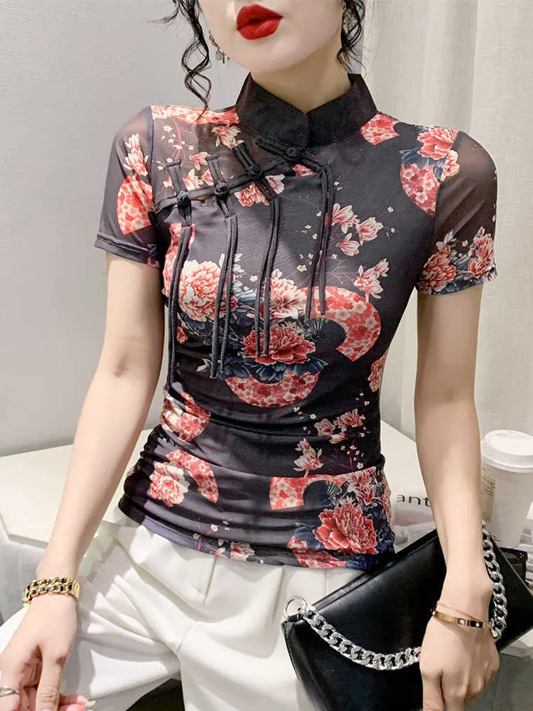 Camiseta Vintage de malla de flores para mujer, camiseta elegante con botones y cuello mandarín para niñas, camiseta plegable china con estampado elástico P230602