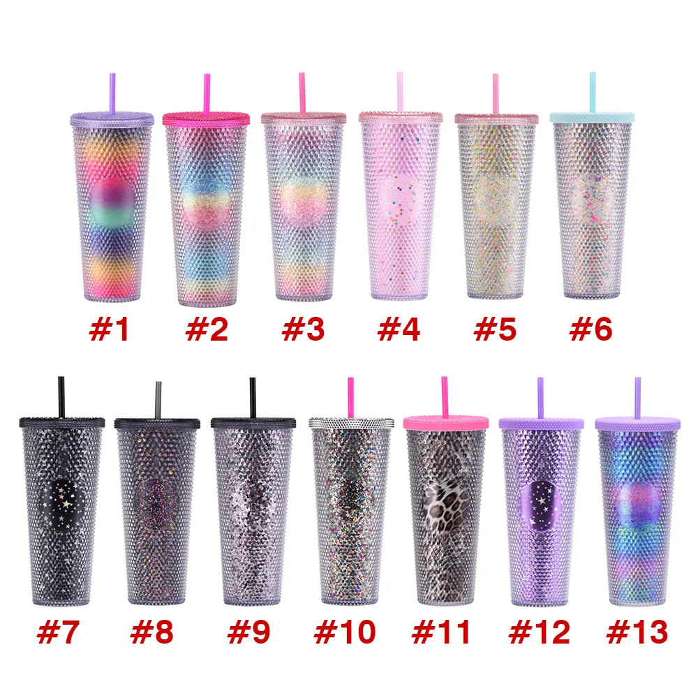 Gobelets en plastique transparent double couche Scallion avec paille Grande capacité Creative 710 ml Ombre Glitter Acrylique Gobelets Main Tasses A0119