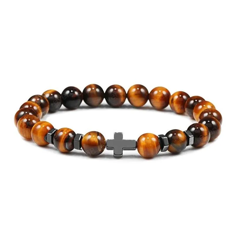 Perles Hommes Croix Noir Lave Bracelets Naturel Oeil De Tigre Pierre Onyx Méditation En Bois Perle Bracelet Bracelet Femmes Yoga Bijoux Drop Del Dhi6Y