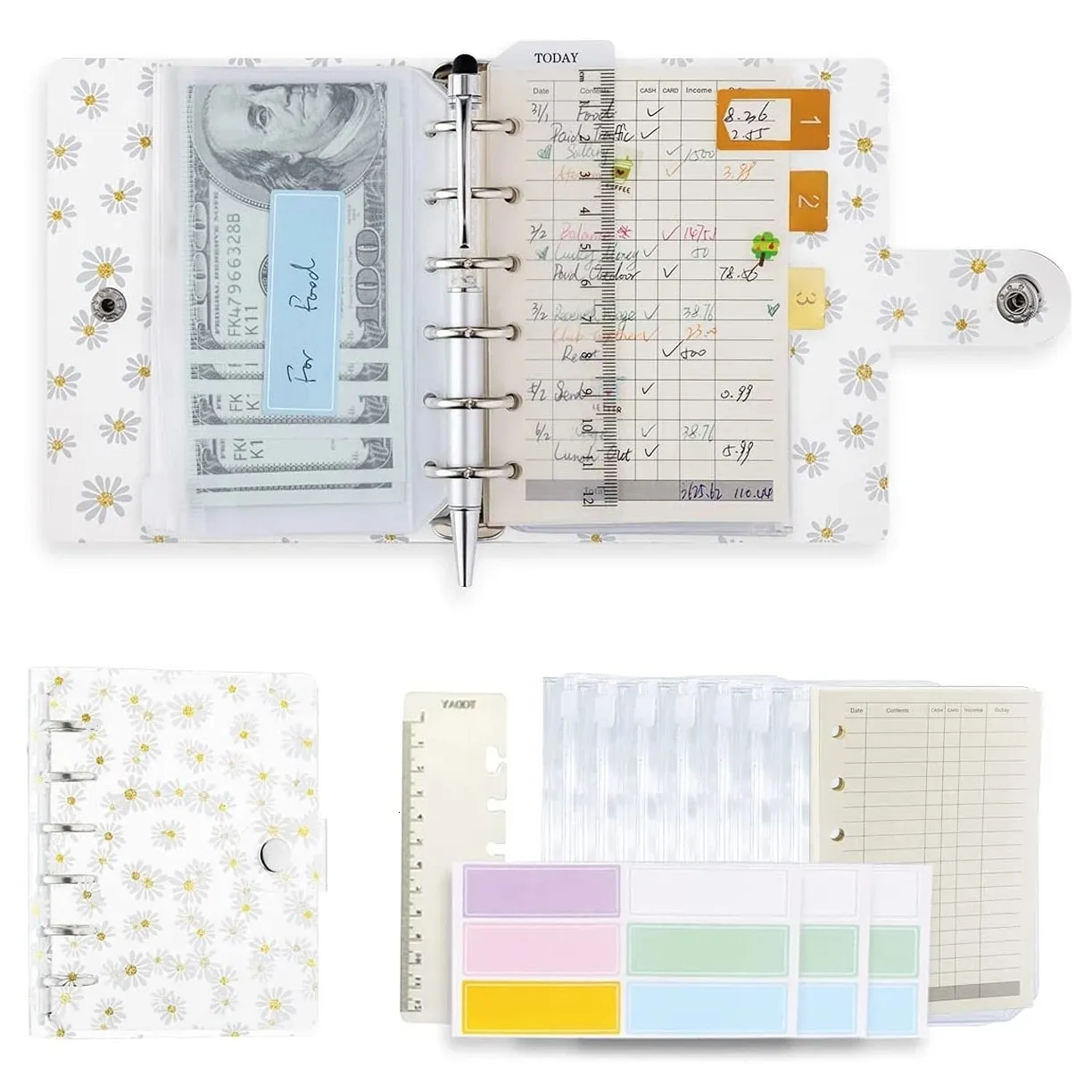 Bloc-notes A7 Clear Daisy Binder Notebook Budget Cash Envelopes Planner Organizer avec Binder Pockets Ruler Recharge Paper Label Sticker 230602