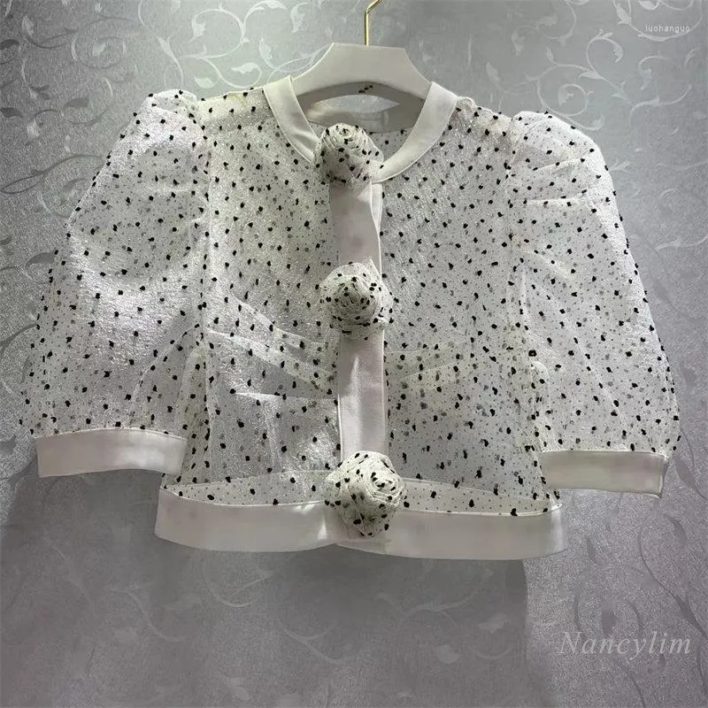 Damskie bluzki moda trójwymiarowy kwiat ukryty hak Złota nici Polka Dot Jacquard Bluzka Kobieta Koszula z krótkim rękawem