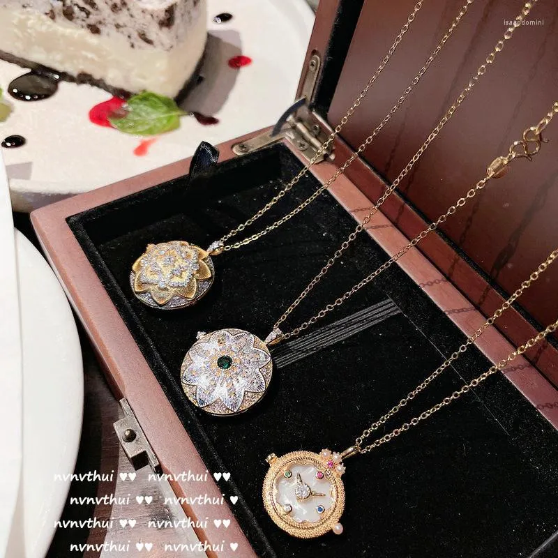 Kedjor Flower Disc Gem Stone Necklace Rose Fritillary Snowflake Box Round Pendant Winter Vintage Neck Chain for Women