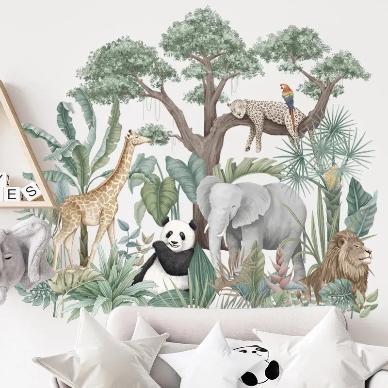 Grandes adesivos de parede de animais da selva para quartos de crianças, decoração de quarto de meninos, papel de parede de plantas tropicais nórdicas, panda, elefante, girafa