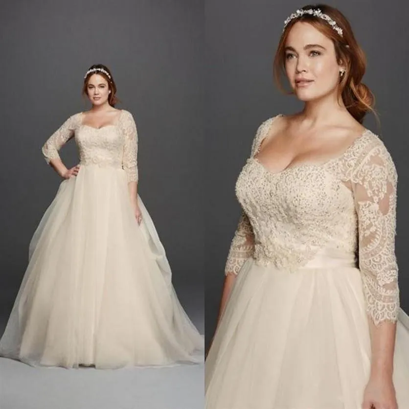 3 4 mangas de encaje cariño cubierto botón Gloor longitud princesa moda vestidos de novia de talla grande 2018 nuevo Oleg Cassini boda Dres298y