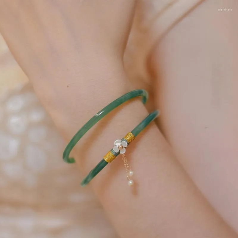 Link Armbanden 2 Stuks Natuurlijke Groene Jade Bangle Armband Charm Sieraden Mode Dunne Accessoires Hand Gesneden Lucky Amulet Geschenken