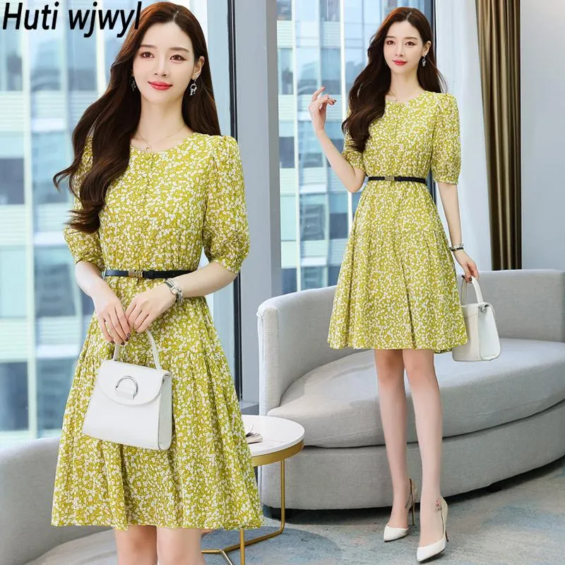 Dress High Quality Fashion Casual Beach Sundress Womne Korean Elegant Bodycon Short Sleeve Dress 2023 Summer Floral Chiffon Midi Dress