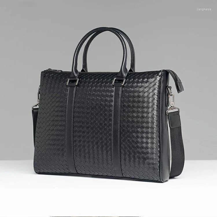 Briefcases 2023 Woven Laptop Bags Cow Genuine Leather Men's Briefcase Weave Male Handbags Messenger 14 Inch Computer Bag