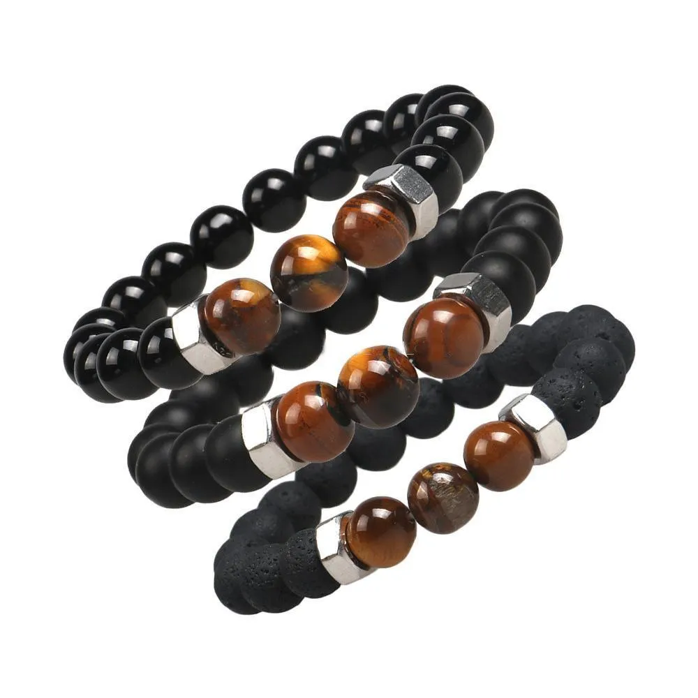 Bracciali in pietra lavica nera naturale di moda con perline Bracciale con perline in occhio di tigre Chakra per uomo donna Stretch Yoga Jewelry Drop Delivery Dhrxq