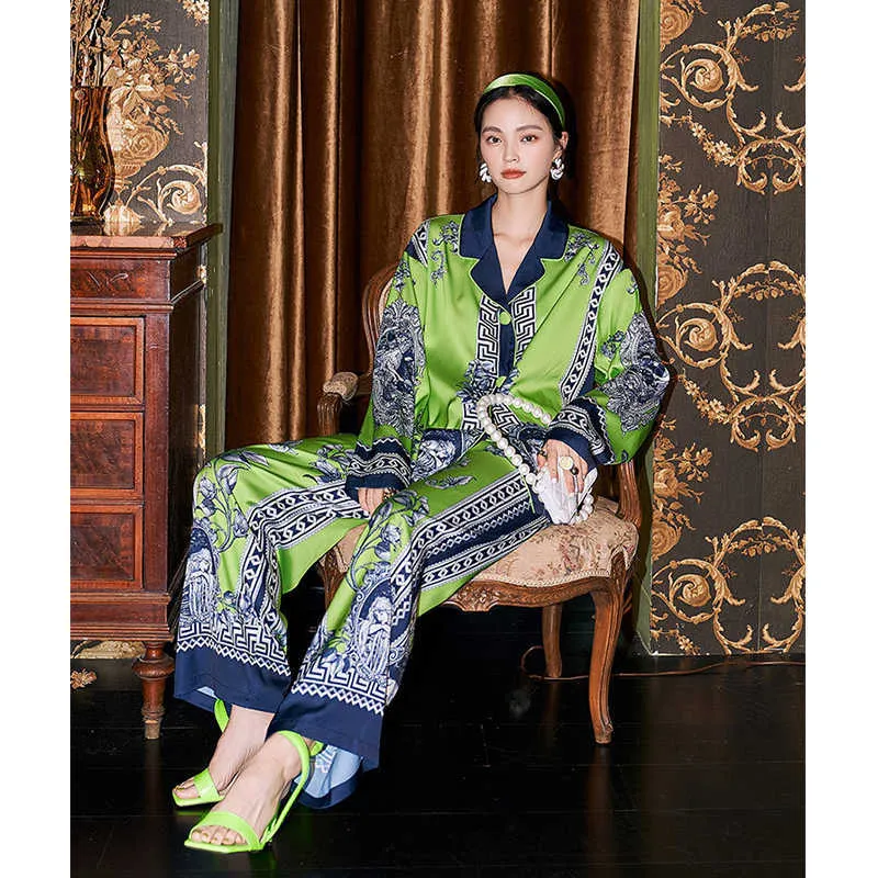 Pijama sexy estilo boêmio original de alta qualidade para mulheres primavera e outono conjunto de pijamas de seda gelada de manga longa para feminino verde J230601