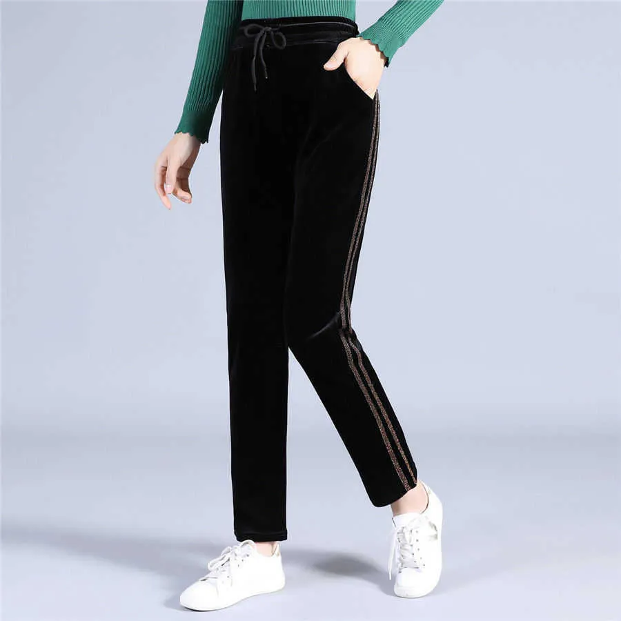 Capris Raya lateral Línea brillante Terciopelo dorado decorativo Pantalones de mujer cómodos Cintura cepillada Negro Suelto Casual Tallas grandes Flexible P230602