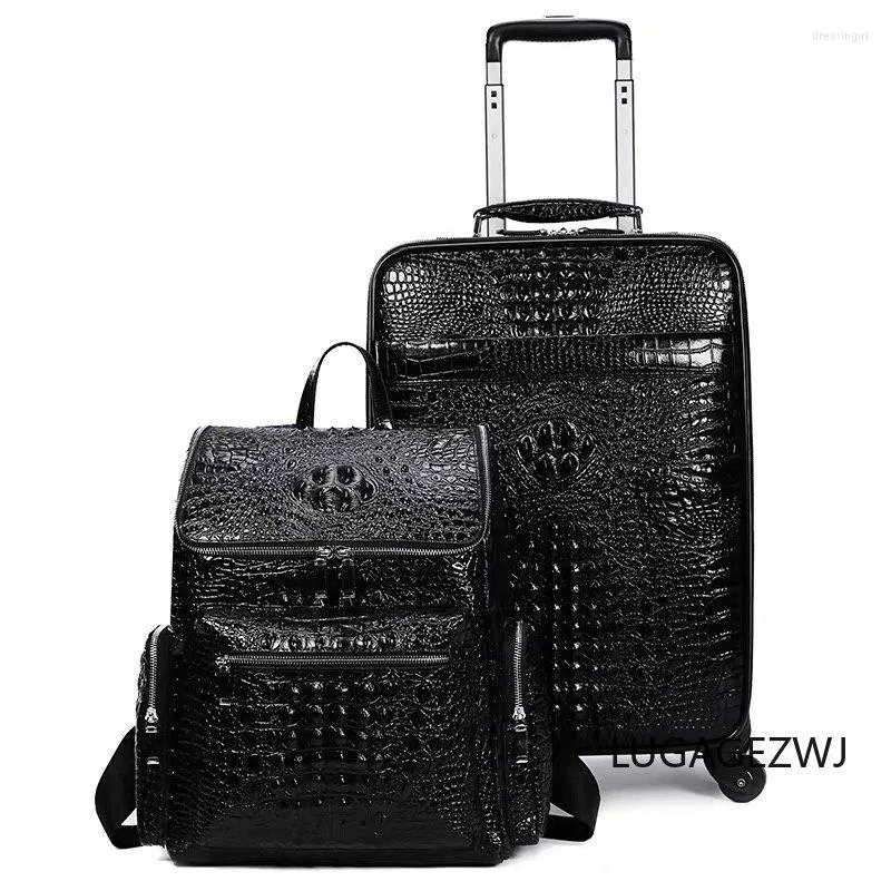 Valises en cuir véritable Crocodile motif affaires voyage étui ensemble hommes sac d'ordinateur sac à dos sac à main rouleau chariot bagages continuer