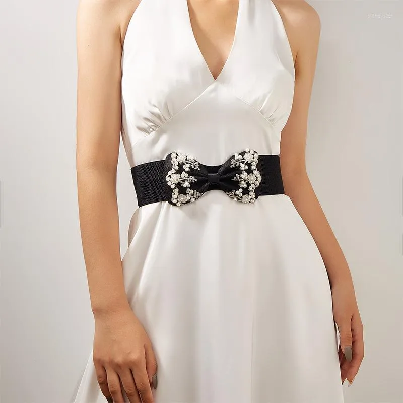 Belts White Pearl Bow Embroidery Wide Waist Cover Women Elastic Matching Dress Accessories Senior Luxury Business Belt