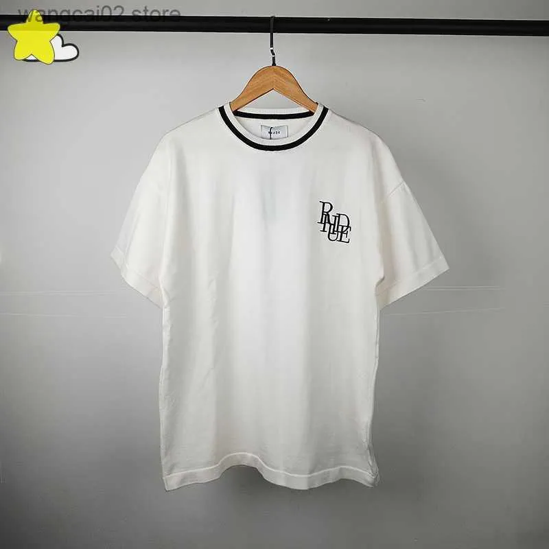 メンズTシャツメンメンカジュアルヒップホップルーズrhude編みTシャツ最高品質刺繍rhudeトップティーブラックブルーグリーンショートスリーブT230602