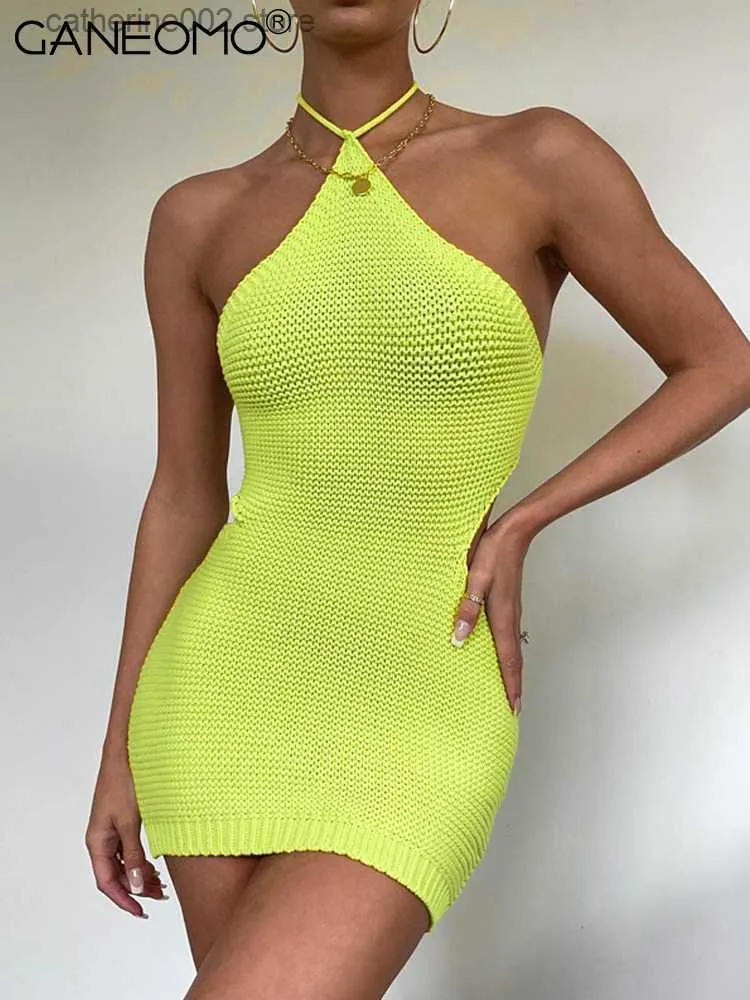 Sexy Crochet Knitted Neon Halter Bodycon Mini Club Dress for Women
