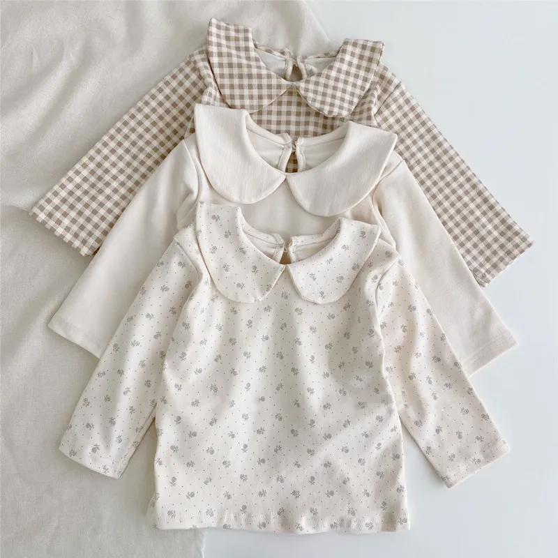 Tshirts 3648A Baby Girl T Shirt Autumn Fashionable All Match Girls Bottoming Lapel Plaid Floral Cute Tops 230601