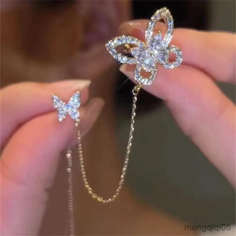 Stud Shiny Zircon Butterfly Clip Earrings For Women Simple Flowers Long Tassel Ear Cuff Bride Wedding Jewelry 1PC