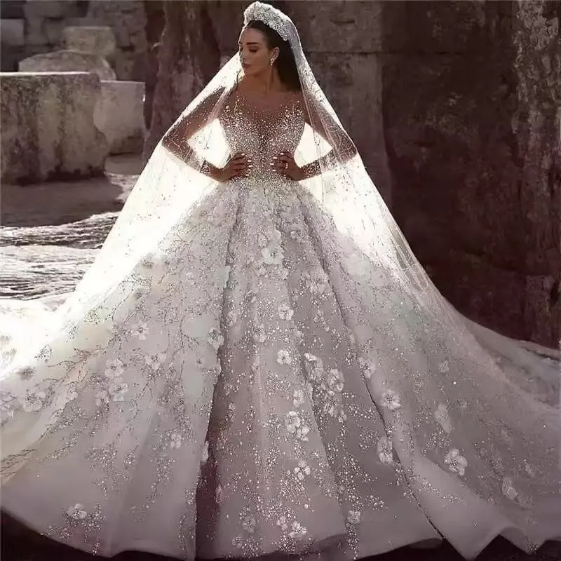 2023 Vestidos de Noiva de Luxo Plus Size com Miçangas Vestidos de Noiva Manga Longa Cristal Renda Apliques com Lantejoulas Vestidos De Novia Árabe Aso Ebi Vestidos de Casamento Luxuosos com Frisas