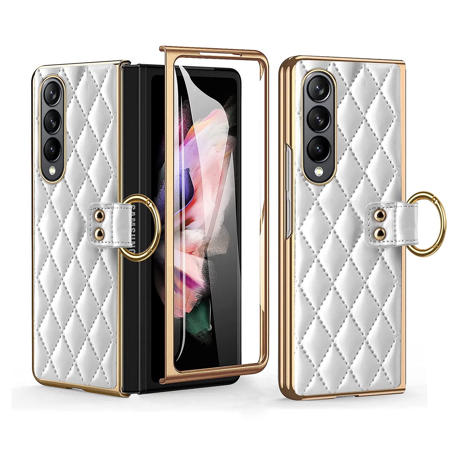 Lyxiga diamantläderfodral för Samsung Galaxy Z Fold 4 Fold3 5G Case Ring Protective Film Screen Cover