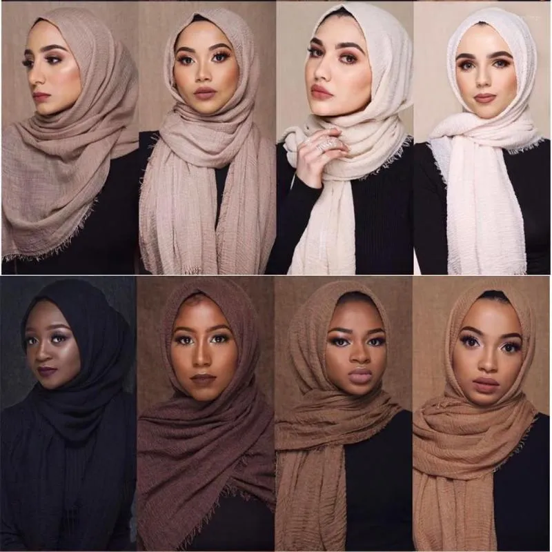 Ethnic Clothing Pleated Plain Hijab Scarf Muslim Women Cotton Crinkle Headband Veil Scarves 2023 Solid Shawl Islamic Headscarf Head Wraps