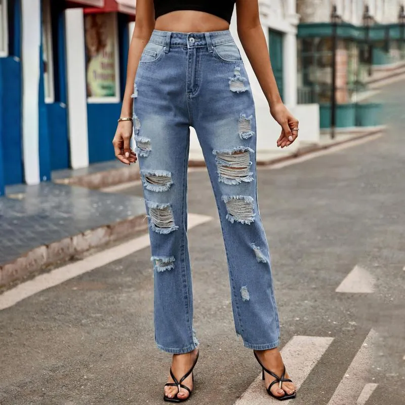 Jeans pour femmes 2023 taille haute déchiré femmes Fit mode lavé maman trou coton décontracté Denim pantalon