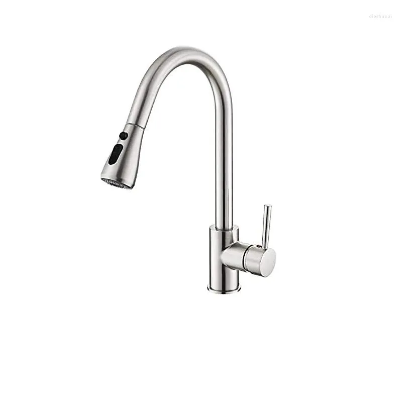 Küchenarmaturen, gebürstetes Nickel, Wasserhahn, Einlochmontage, herausziehbarer Auslauf, Waschbecken, Mischbatterie, Stream-Sprühkopf, Chrom