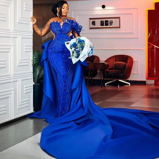 2023 MAI ASO EBI ROYAL BLUE PROM Robe Sirène Sirène Crystals de perles de soirée Fête formelle Deuxième réception Robes de fiançailles d'anniversaire Robe de Soiree ZJ350