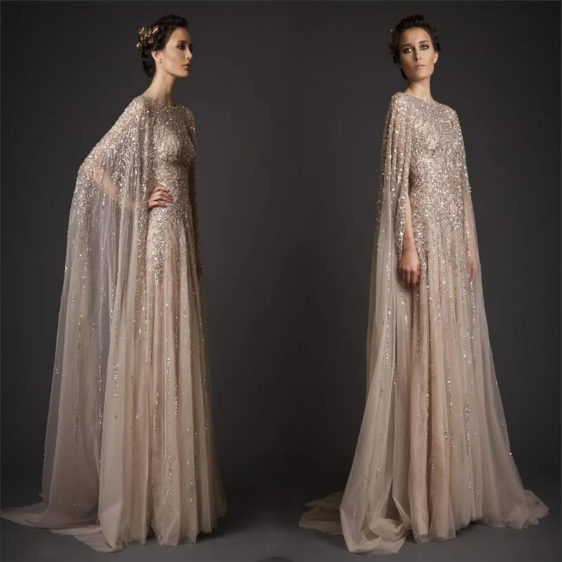 Wedding Dresses A-Line Crew Champagne See-Through Tulle Bridal Gowns Appliques Beads Watteau Dresses Krikor Jabotian Gowns HY4170319H