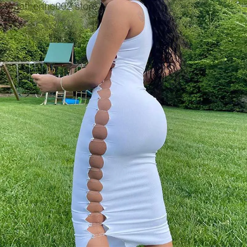 Party Dresses OMSJ Fashion Side Stitching Pin Embellished Slim Spandex  Dress Mid-Calf Sleeveless V-Neck Empire Waist Summer