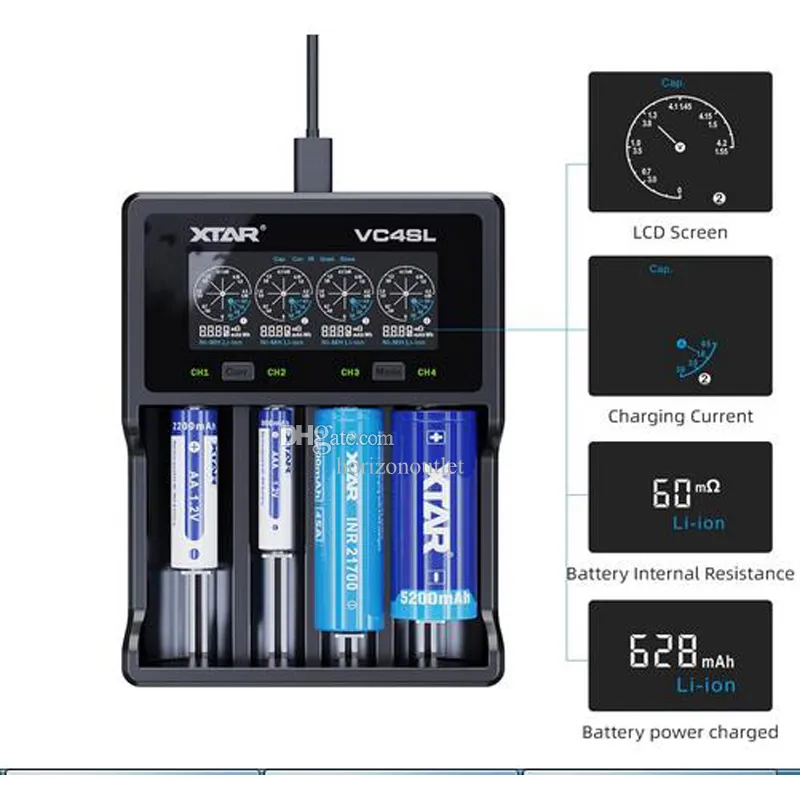 원본 XTAR VC4SL 지능형 범용 스마트 배터리 충전기 리튬 배터리 4 슬롯 USB 유형 C QC3.0 리-이온 NI-MH NI-CD 18650 21700 20700 대 VC4S 용 빠른 충전