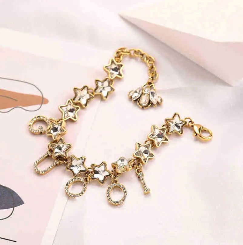 Designer smycken armband halsbands ring högkvalitativ tillbehör bi fem spetsiga stjärna inlagd diamantarmband kvinnlig personlighet forntida guld hand